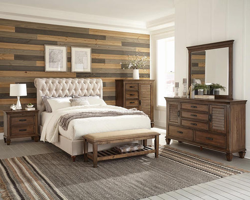Devon 4-piece Upholstered California King Bedroom Set Beige and Burnished Oak image