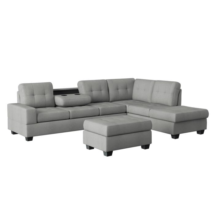9507GRY*3OT - (3)3-Piece Reversible Sectional with Drop-Down Cup Holders and Storage Ottoman image