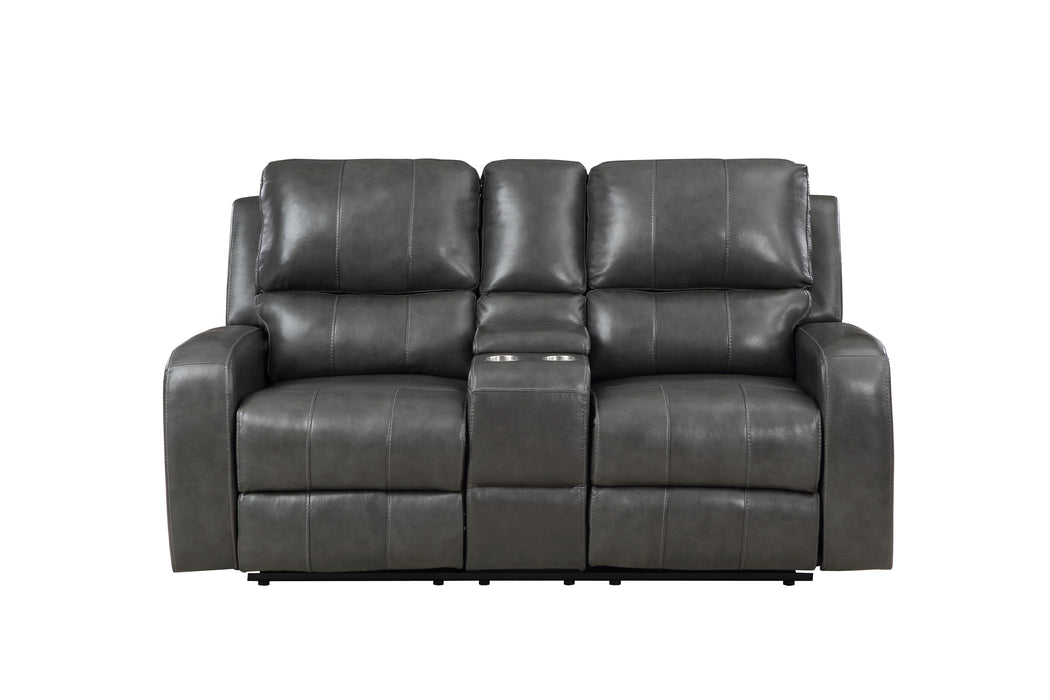 LINTON LEATHER CONSOLE LOVESEAT W/ DUAL RECLINERS-GRAY